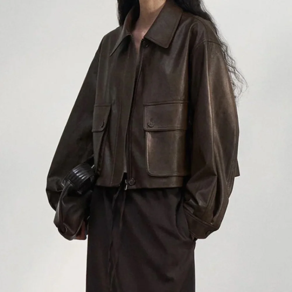 Pixie Market Brown Faux Leather Crop Bomber Patch Pocket Jacket NWT One Size - Picture 2 of 12